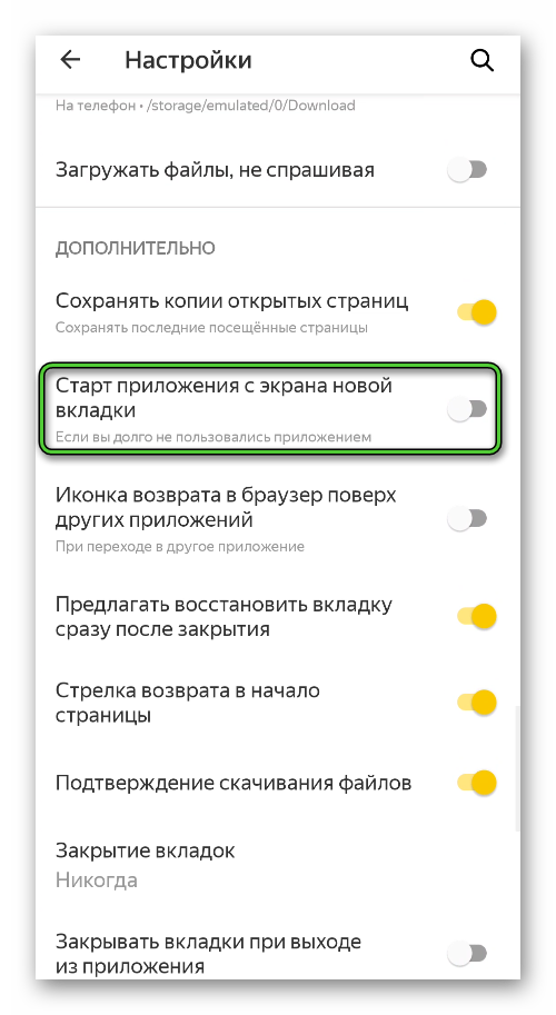 Пункт Старт приложения с экрана новой вкладки в настройках Яндекс.Браузера для Android