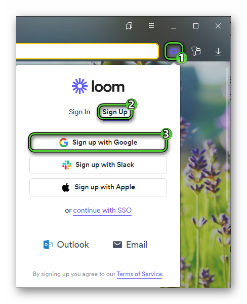 Пункт Sign up with Google в расширении Loom