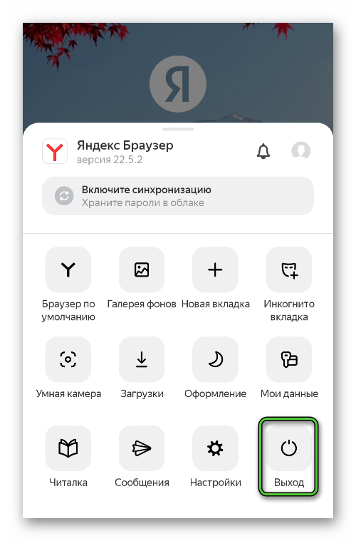 Кнопка Выход в меню Яндекс.Браузера для Android