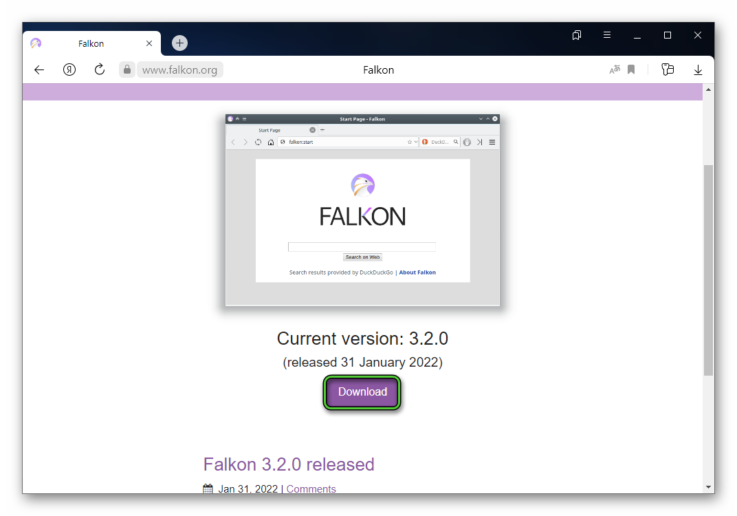 Кнопка Download на сайте Falcon