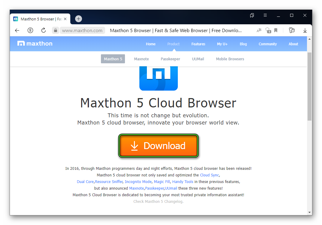 Кнопка Download на сайте Maxthon