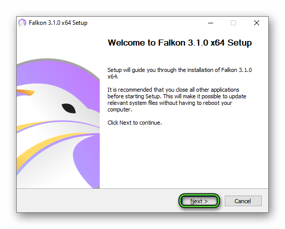 Начало установки браузера Falkon