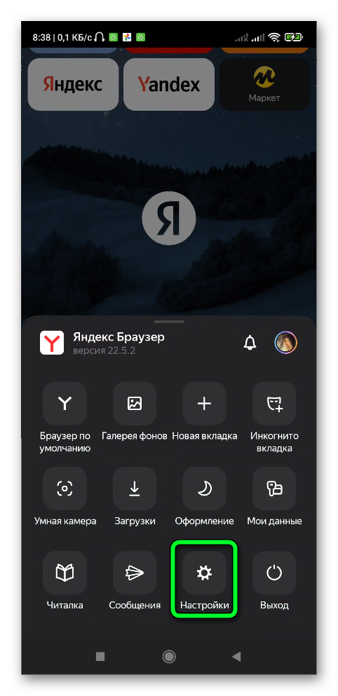 Открываем параметры в Яндекс Браузере