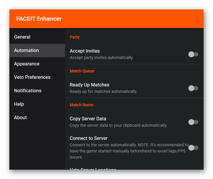 Вкладка Automation в расширении FACEIT Enhancer