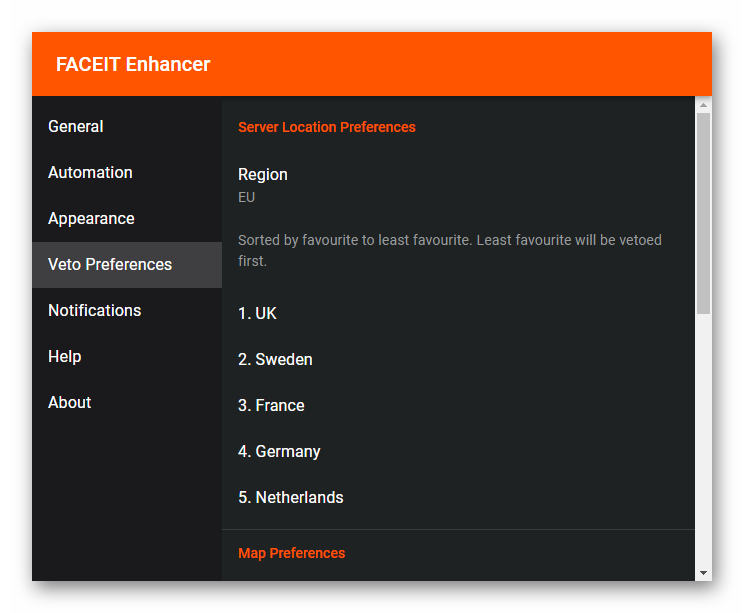 Вкладка Veto Preferences в расширении FACEIT Enhancer