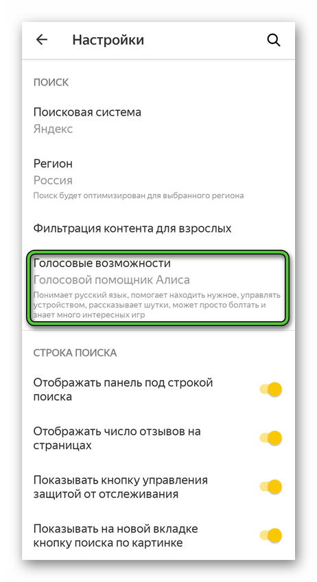 Пункт Голосовые возможности в настройках Яндекс.Браузера для Android