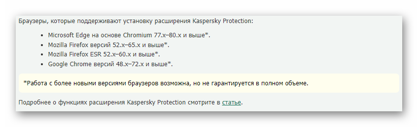 Системные требования расширения Kaspersky Protection